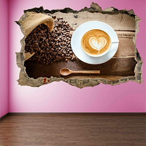 Kaffeetasse 3D Wandtattoo Wandaufkleber Kaffeebohnen 80 cm x 120 cm Wandsticker Wanddeko Wandbilder für Wohnzimmer Schlafzimmer Badezimmer Flur Küche Möbel Aufkleber