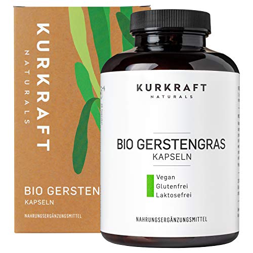 Kurkraft® Bio Gerstengras (240 Kapseln á 500mg) - deutscher Öko-Anbau - Vegan - 3000mg je Tagesdosis - ohne Zusatzstoffe i. d. Kapsel - hochdosiert - laborgeprüft - in Deutschland produziert