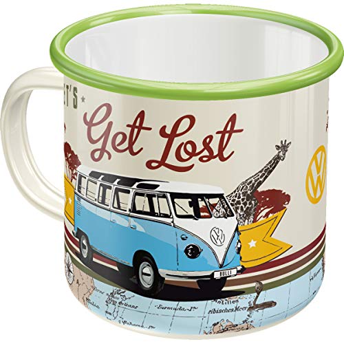 Nostalgic-Art, Volkswagen Bulli T1 – Let's Get Lost – Geschenk-Idee für VW Bus Fans, Retro Emaille-Tasse, Camping-Becher, Vintage Design, 360 ml