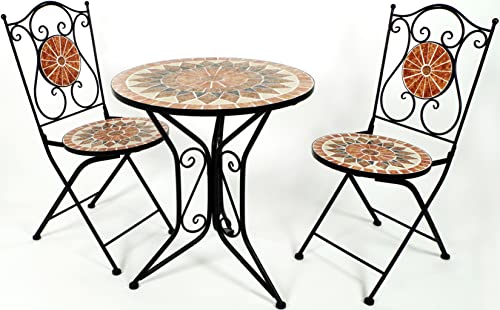 Kobolo Tischgruppe MOSAIK 1 Tisch rund 2 Klappstühle Metall Mosaik schwarz terrakotta