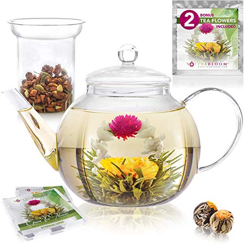 Teabloom Set Glas-Teekanne - am Besten für lose Teeblätter oder Blütentee - 2 Teeblumen Enthalten