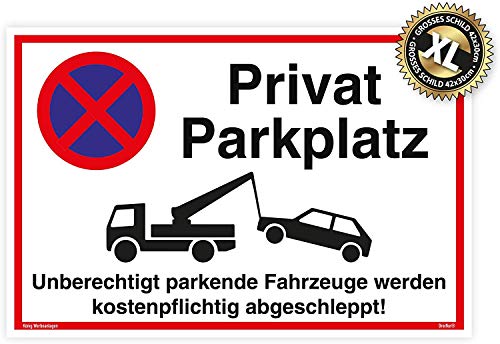 Großes Schild Privat Parkplatz | Alu 42 x 30 cm | Unberechtigt parkende Fahrzeuge werden kostenpflichtig abgeschleppt! weiß | stabiles Alu Schild mit UV-Schutz | Privat Parkplatzschild | Dreifke®