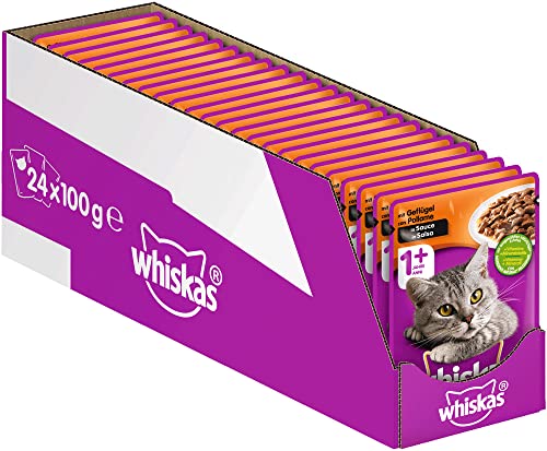 Whiskas 1 + Katzenfutter – Geflügel in Sauce – Hochwertiges Nassfutter für ausgewachsene Katzen – 24 Beutel à 100g
