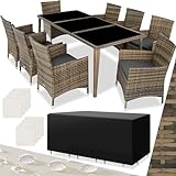 tectake Aluminium Poly Rattan Gartenmöbel Set 8 Stühle mit Tisch mit Glasplatten, inkl. 2 Bezugssets und Schutzhülle, wetterfeste Balkon Möbel - grau