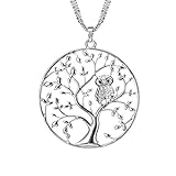 Lange Halskette für Frauen, Baum des Lebens mit Eule Anhänger Halskette für Mädchen Rose Gold und Silber Halskette mit CZ Crystal Kette Halskette (Versilbert)