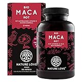 NATURE LOVE® Bio Maca - 180 Kapseln - 3000 mg Bio Maca rot pro Tagesdosis - Mit natürlichem Vitamin C, ohne Zusätze wie Stearat - Zertifiziert Bio, hochdosiert, vegan, in Deutschland produziert