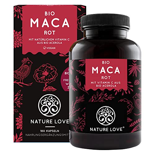 NATURE LOVE® Bio Maca - 180 Kapseln - 3000 mg Bio Maca rot pro Tagesdosis - Mit natürlichem Vitamin C, ohne Zusätze wie Stearat - Zertifiziert Bio, hochdosiert, vegan, in Deutschland produziert