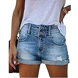 Bichingda Lässige Denim-Shorts für Damen, hohe Taille, ausgefranster Saum, gerissene Sommer-Jeans, kurze Hotpants mit Taschen, hellblau, Klein