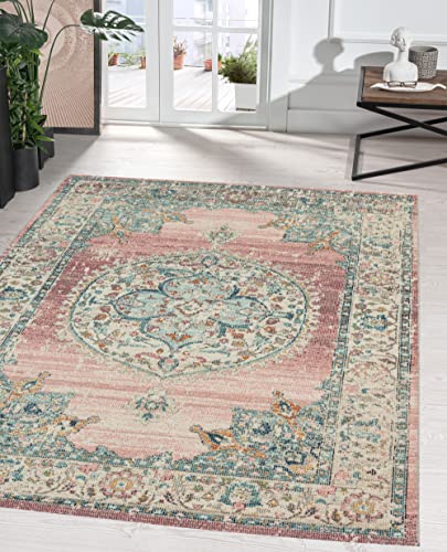 the carpet Palma robuster Teppich, Flachgewebe, modernes Design, ideal für Küche und Esszimmer, Vintage-Optik, Used-Look, besonders flach, auch für den Außenbereich, Rosa, 120 x 170 cm