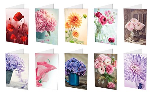 10 Blumenkarten (Klappkarten) im Set (10 unterschiedliche Motive mit jeweils 1 Grusskarte) inklusive 10 haftklebender Umschläge, Geburtstagskarten, Grusskarten, Blumen