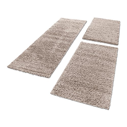 Unbekannt Shaggy Hochflor Teppich Carpet 3TLG Bettumrandung Läufer Set Schlafzimmer Flur, Farbe:Beige, Bettset:2x60x110+1x80x250