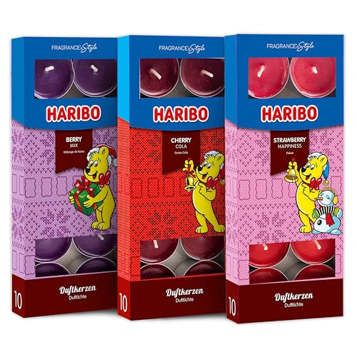 Haribo 3er-Set Duftteelichter Winter Edition - Berry Mix, Cherry Cola, Strawberry Happiness - 30 Stück mit 4-6 Stunden Brenndauer im festlichen Winterdesign