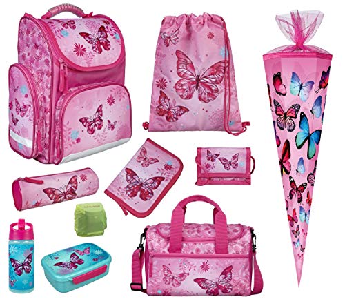 Mädchen Schulranzen-Set 10 TLG. Modell CLOU Ranzen 1. Klasse |Schultasche mit Brotzeit-Dose, Trink-Flasche, Sporttasche, Schultüte 85cm und Regenschutz | Butterfly Pink