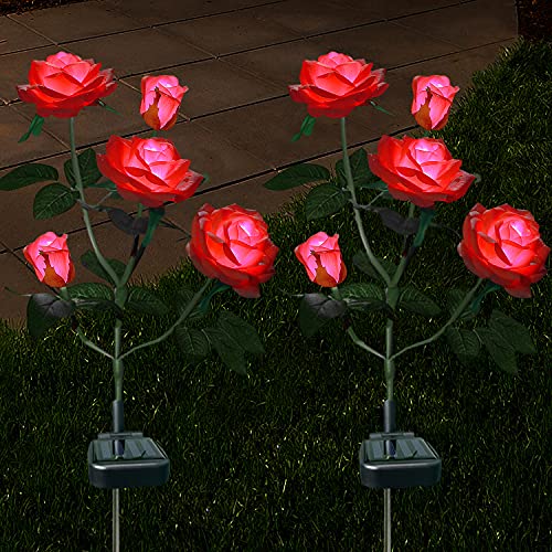 XLUX Außen Solarleuchte Garten, Blume Solar Lampen mit LED Rose Lichter, Dekoration Lichter für den Garten Rasen Terrasse Feld Weg,Rot 2er Pack
