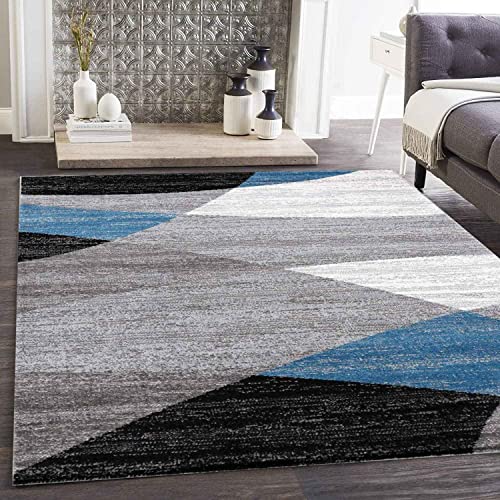 VIMODA Teppich Geometrisches Muster Meliert in Grau Weiß Schwarz und Blau, Maße:160x220 cm