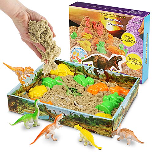Magicfun 3D Sand Play Set, Beinhaltet 500g natürlichen Spielsand, 10 Dinosaurier Förmchen, 1 Beutel Dinosaurier Fossilien und 1 3D Sand-Tablett zum Formen von Figuren, Kinetischer Sand für Kinder
