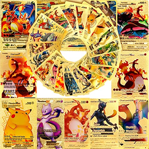HUHUDAY 55 Stück Pokemon Karten, Goldfolienkarten Sortierte Karten, TCG Vmax Karten, Seltene Sortierte Karten (15Vmax+11GX+14V+2EX+7RPG) für Kinder Sammler Gastgeschenke Spielfans