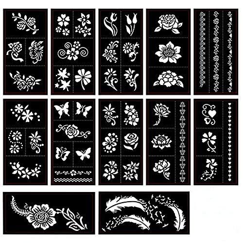 Xmasir 12 Sheets Tattoo Schablonen Set für Frauen Mädchen Körper Hände Bemalung, Glitzer Tattoo und Air Brush Tattoo, Schmetterling/Feder/Blume