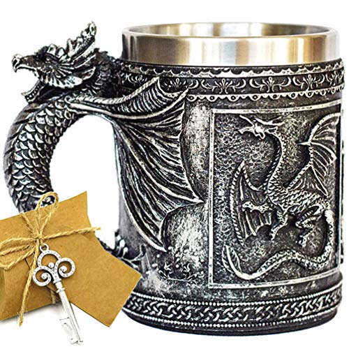 Mittelalterlicher GOT Dragon D&D Game Mug of Thrones Merchandise Bierkrug Wikinger Krug Becher Edelstahl Kaffeetasse Geschenk Tasse für Drachensammler Mottoparty Dekoration