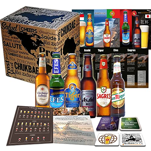 6x Biere der Welt von MGB24 + Geschenk für Mann + 4 Bierdeckel+ Produktbeschreibungen