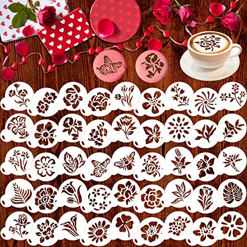 Qpout 45 Stück Kaffee Dekoration Schablonen, Blumen-Thema Plätzchen Kaffee Schablonen Backschablonen, Kunststoff Backschablonen für DIY Cappuccino Zuckerlatte Cupcake Schokolade