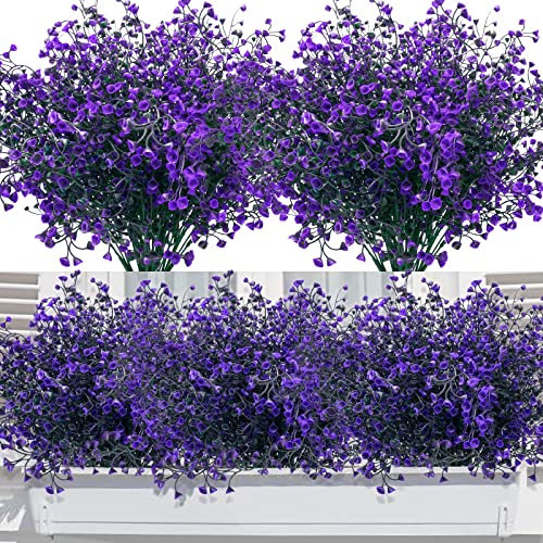 12 Bündel Kunstblumen für Außen, Wetterfeste Plastikblumen Kunstpflanzen Outdoor Künstliche Balkonpflanzen UV Beständig Unechte Sträucher Büsche für Außenbereich Balkon Garten Balkonkästen (Lila)