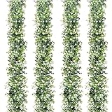 SOMYTING 4 Stück Künstliche Eukalyptus Girlande Grüne Handgemachte Girlande Weiße Blume Girlande für Hochzeitshintergrund Bogen Wanddekoration Reben Blätter UV-geschützt Drinnen und Draußen