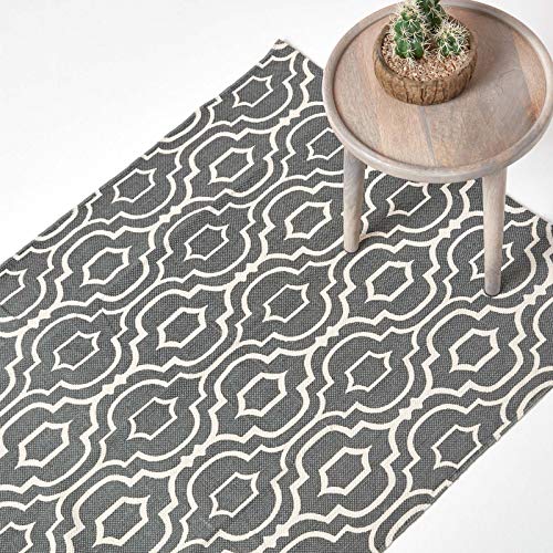 Homescapes Teppich/Bettvorleger Riga, handgewebt aus 100% Baumwolle, 90 x 150 cm, Baumwollteppich mit geometrischem Muster, grau