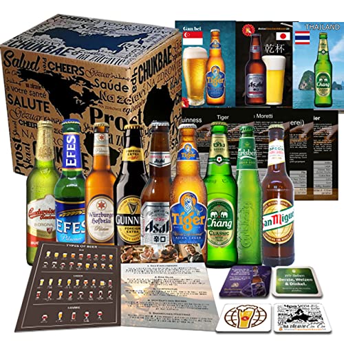 Biere der Welt 9 Flaschen Geschenk für Mann, Geburtstag +Bier Geschenk + Geschenkidee für Männer Geburtstag + Tasting Anleitung + 4x Bierdeckel + 9 x Hochwertige Produktbeschreibung