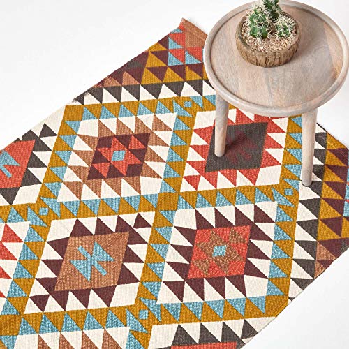 Homescapes Teppich/Bettvorleger Oslo, handgewebt aus 100% Baumwolle, 90 x 150 cm, Baumwollteppich mit geometrischem Rautenmuster, bunt