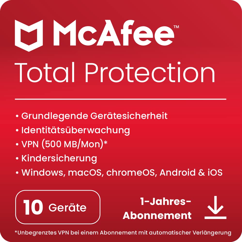 McAfee Total Protection 2023 | 10 Geräte | Virenschutz- und Internet-Sicherheitssoftware | inkl. VPN, Kennwort-Manager, elterliche Überwachung | 1-Jahres-Abonnement | Download-Code