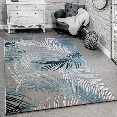 Paco Home Designer Teppich Modern Wohnzimmer Teppiche 3D Palmen Muster In Grau Türkis Creme, Grösse:120x170 cm