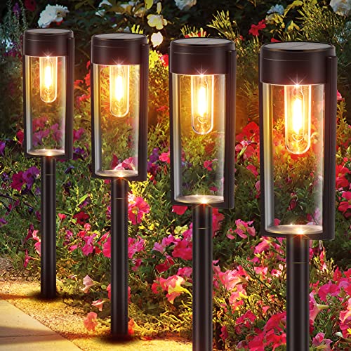 PUAIDA Solarlampen für Außen Garten, 4 Stück Solarleuchten Garten mit Warmweiß Wolfram Licht, IP65 Wasserdicht Solar Gartenleuchten für Gartendeko Rasen Gehweg Balkon Hof