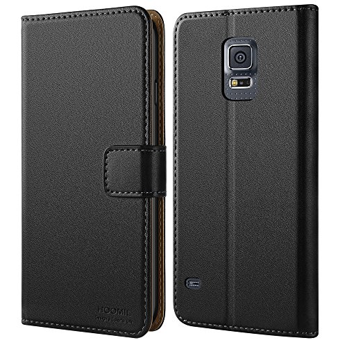 HOOMIL Galaxy S5 Hülle, Premium Handy Schutzhülle für Samsung Galaxy S5 / S5 Neo Hülle Leder Wallet Tasche Flip Brieftasche Etui Schale, Schwarz (H3001)