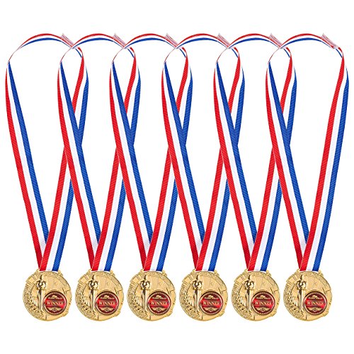 6er Pack Goldmedaillen - Siegermedaillen für Kinder und Erwachsene - Aus Echtmetall - Ideal für alle Wettbewerbe und Wettbewerbe, Gold, Rot, Weiß, Blau, Weiß, Blau