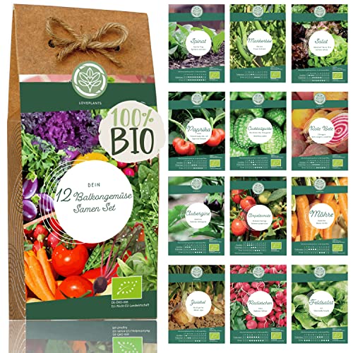 Bio Balkon & Hochbeet Gemüse Samen Set – 12 samenfeste Bio Gemüsesamen – mit extra viel Gemüse Saatgut für dein Urban Gardening Projekt, auf dem Balkon oder im Garten. Bio Pflanzensamen Set