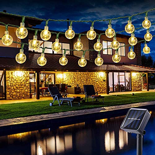PhilzOps Solar Lichterkette Aussen, 6.5M 30 LED Warmweiß Solar Kristall Kugeln Lichterkette 8 Modi Wasserdicht Solarlichter Garten Außenbeleuchtung für Innen Outdoor Balkon Party Terrasse Deko