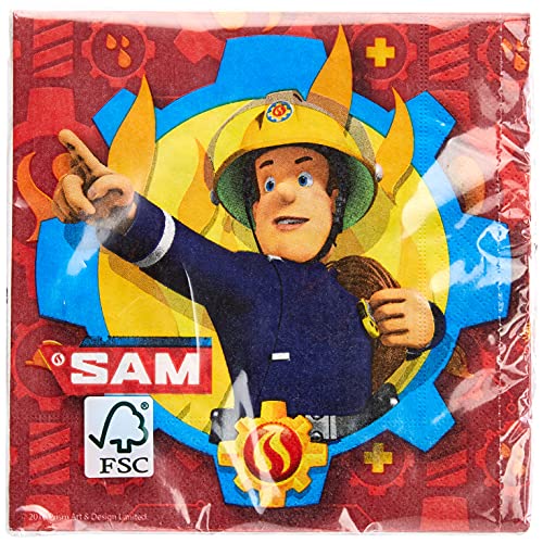 Amscan 9902177 - Servietten Feuerwehrmann Sam, 20 Stück, 33 x 33 cm, Partygeschirr, Kindergeburtstag