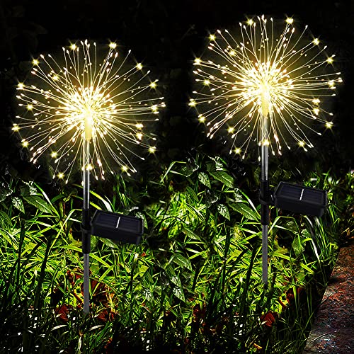 Joycome Solarstecker Gartenleuchten 2 Stück Solar Feuerwerk Lichter 120 LED Gartenstecker Solarlicht Wasserdicht Solarlampen für Außen Garten Terrasse Balkon Rasen Hinterhöfe Weg Deko (Warmweiß)