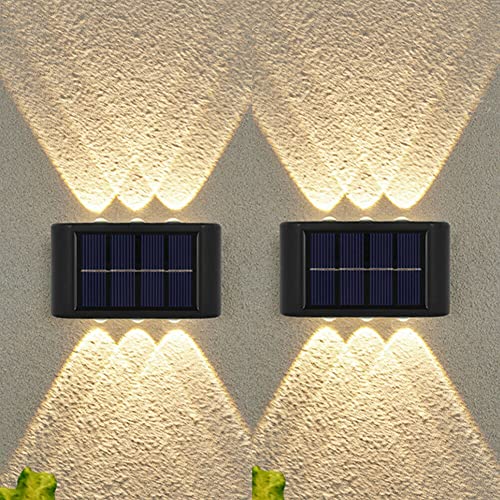 Solar LED Wandleuchte Up & Down Light Dekorative LED Wandbeleuchtung 6 LEDs Wasserdicht Wandlampen im Innen und Außenbereich, 2 Stück, Warm Weiß