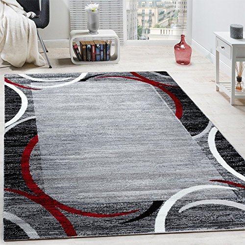 Paco Home Wohnzimmer Teppich Bordüre Kurzflor Meliert Modern Hochwertig Grau Schwarz Rot, Grösse:240x340 cm