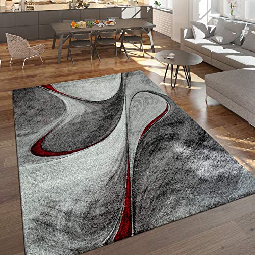 Paco Home Moderner Kurzflor Teppich Wohnzimmer Meliert Abstraktes Design Grau Rot Schwarz, Grösse:160x230 cm