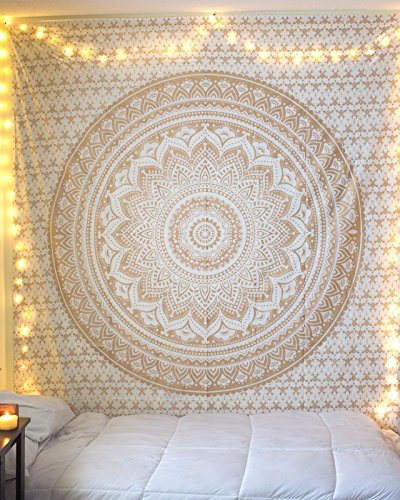 THE ART BOX Indie Wandteppich Baumwolle Mandala Wandbehang Deko Teppich Aesthetic Room Decor Dekoration Wohnzimmer Indische Tücher Schlafzimmer Deko , Gold und Weiß, 210x230 Cm