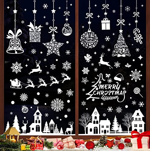 193 Stk Fensterbilder Weihnachten Selbstklebend,Weiß Fensterdeko Weihnachten Wiederverwendbar,PVC Schneeflocken Fensterdeko, fenstersticker Weihnachten mit Häuser für Winter Fenster Weihnachten deko