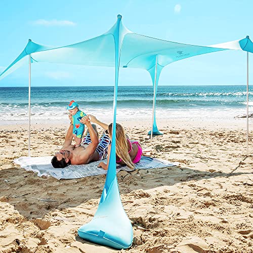SUN NINJA Pop Up Strandzelt Sonnenschutz UPF50+ mit Sandschaufel, Erdnägeln und Stabilitätsstangen, Outdoor-Schatten für Campingausflüge, Angeln, Hinterhofspaß oder Picknicks | 225cm x 210cm | Türkis