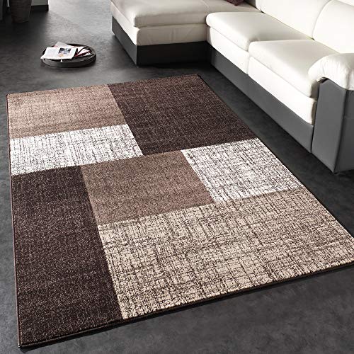 Paco Home Designer Teppich Modern Kariert Kurzflor Teppich Design Meliert In Braun Creme, Grösse:60x110 cm