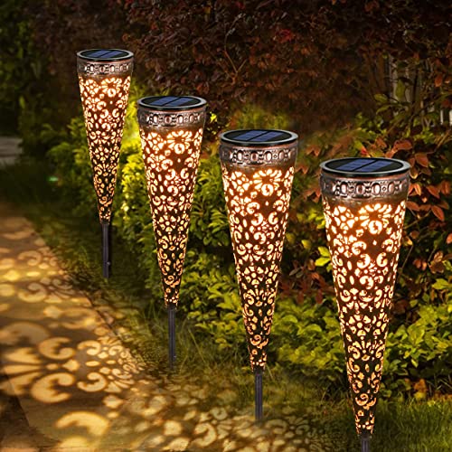 4 Stück Metall Vintage Solarlampen für Außen Garten, Görvitor IP65 Wasserdicht Garten Solarleuchten für Außen, Warmweiß LED Solar Gartenleuchten mit Erdspieß Deko für Terrasse Blumenkasten Balkon