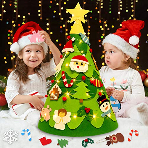 Outgeek Kinder Weihnachtsbaum, 3D Toddler DIY Weihnachtsbaum aus Filz mit 28 Ornamenten 50 LED-Leuchten für Kinder Haustür Wand Weihnachtsdekoration