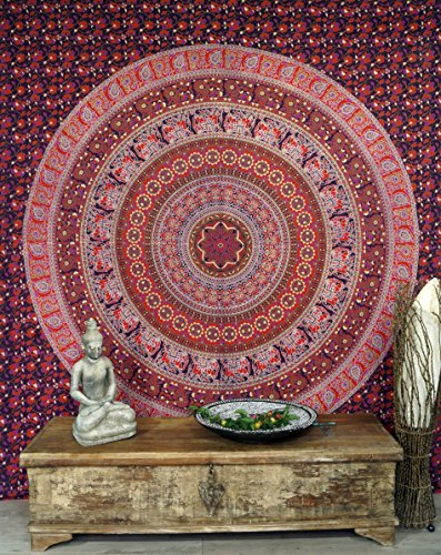 GURU SHOP Boho-Style Wandbehang, Indische Tagesdecke Mandala Druck- Rot, Baumwolle, 230x210 cm, Bettüberwurf, Sofa Überwurf