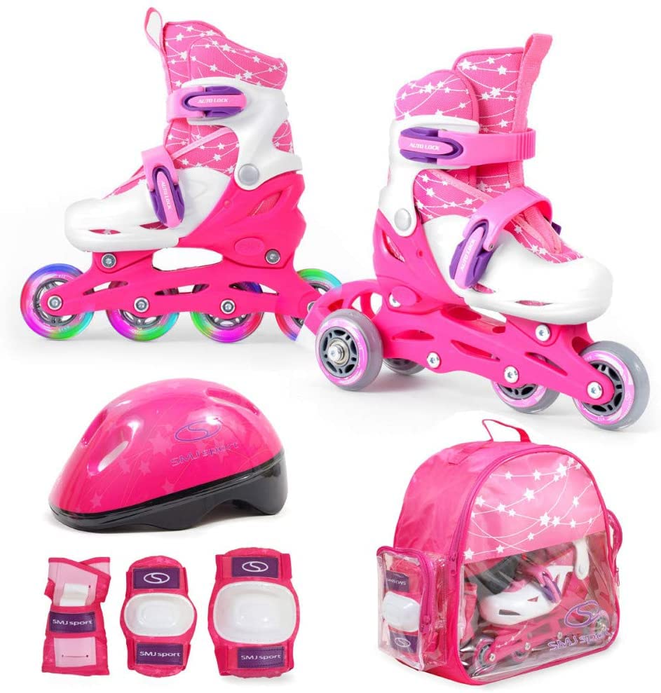 SMJ Kinder Mädchen Set 2in1 Inliner Rollschuhe VERSTELLBAR Inline Skates mit LED Rollen + Schonerset + Helm + Tasche (26-29)